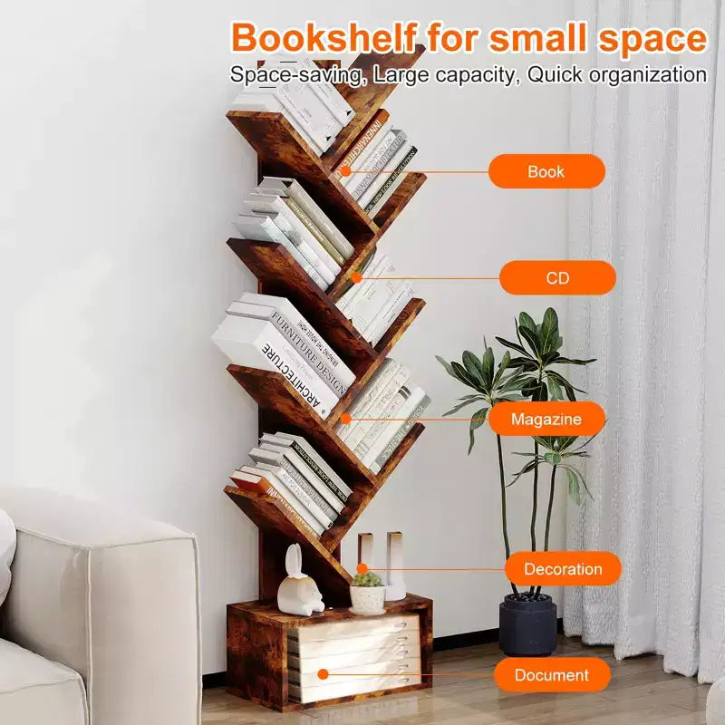 MDF Tree-Shape 8-Tier Bookshelf with Drawer 8.1"W x 14.9"D x 51.5"H