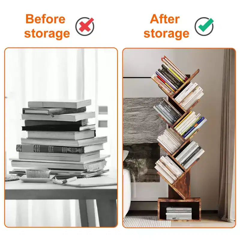 MDF Tree-Shape 8-Tier Bookshelf with Drawer 8.1"W x 14.9"D x 51.5"H