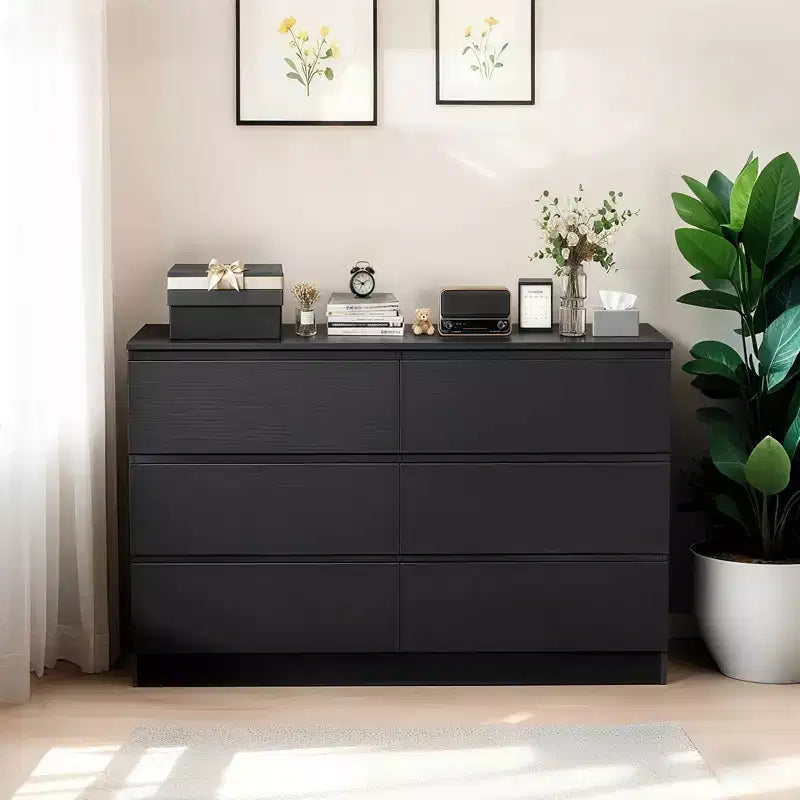 MAYEERTY 6 Drawers Black Dresser Modern with Spacious Countertop Concealed Handles 6 Deep Drawers for Living Room Entryway