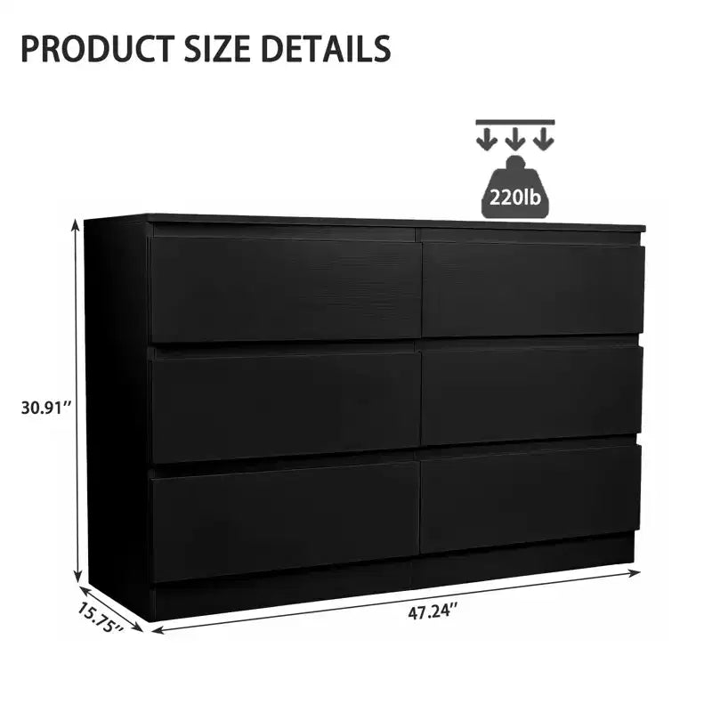 MDF 6-Drawer Dresser with Concealed Handles 47.24"W x 15.75"D x 30.91"H
