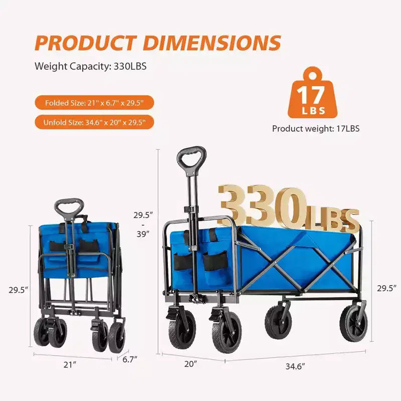 Metal Folding Utility Wagon 18.5"W x 29.5"D x 35"H, 330 lb Capacity