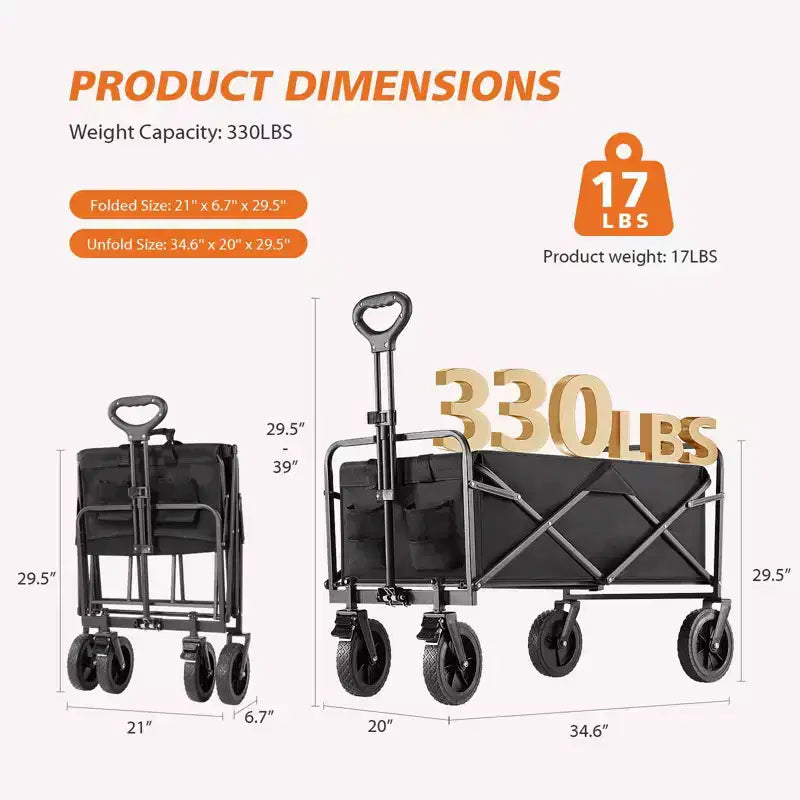 Metal Folding Utility Wagon 18.5"W x 29.5"D x 35"H, 330 lb Capacity