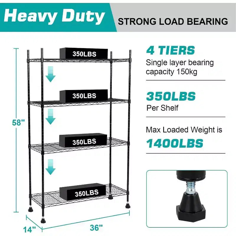 Steel Chrome Wire Shelving Unit 4-Tier 36"L x 14"W x 54"H, 1400 lb Total Capacity