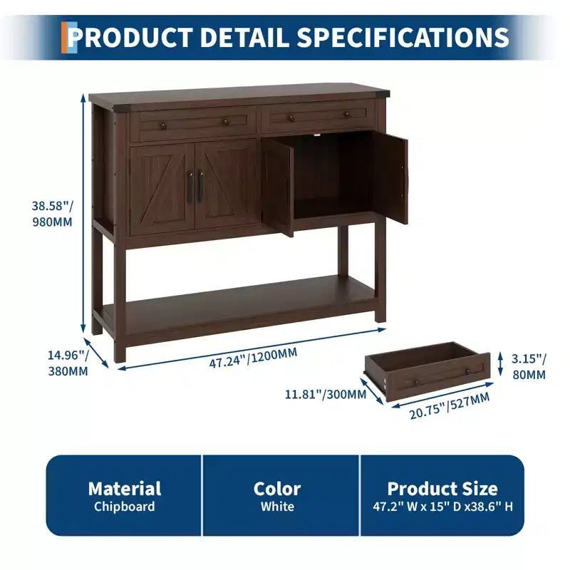 Wood Sideboard Buffet Cabinet 4 Doors 2 Drawers 47.24"W x 14.96"D x 38.58"H