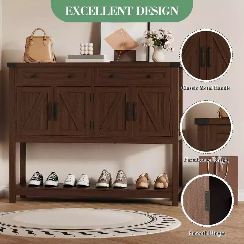 Wood Sideboard Buffet Cabinet 4 Doors 2 Drawers 47.24"W x 14.96"D x 38.58"H