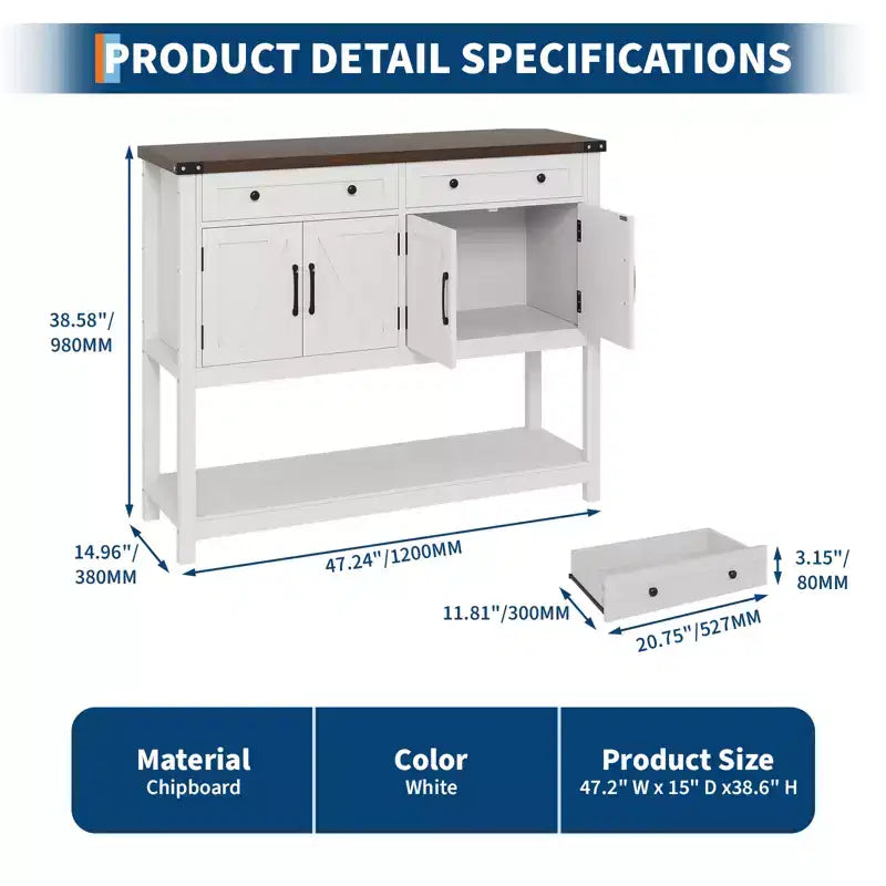 Wood Sideboard Buffet Cabinet 4 Doors 2 Drawers 47.24"W x 14.96"D x 38.58"H