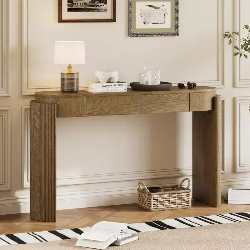 MDF Plywood Oval-Top Console Table with 2 Hidden Drawers 55.1"W x 13.8"D x 32.5"H