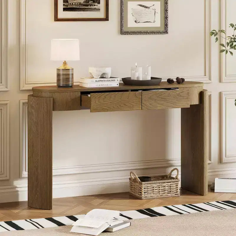 MDF Plywood Oval-Top Console Table with 2 Hidden Drawers 55.1"W x 13.8"D x 32.5"H