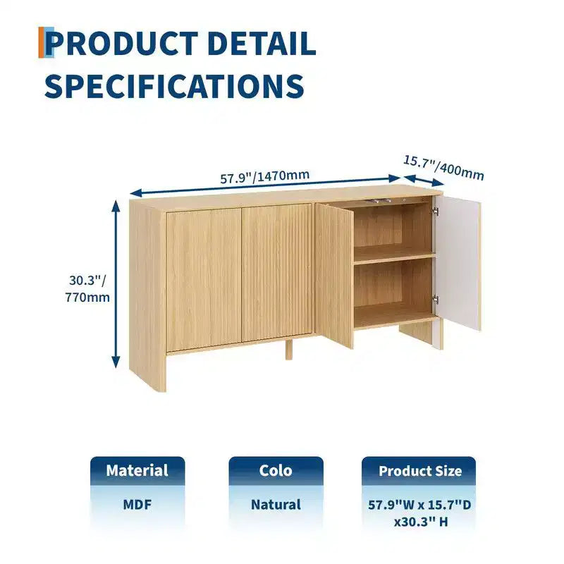 Wood 4-Door Fluted Sideboard Cabinet 57.9"W x 15.7"D x 30.3"H
