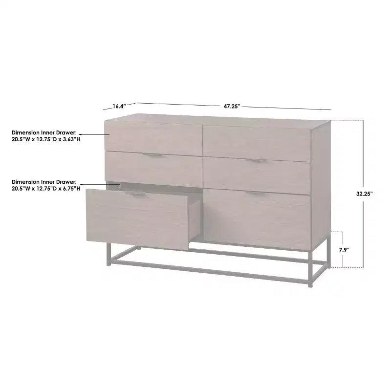 MDF Metal Base 6-Drawer Dresser 47.25"W x 16.38"D x 32.25"H