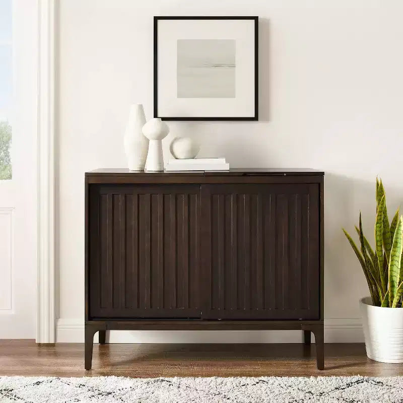 MDF Particle Board Veneer Media Console with Sliding Doors 42.13"W x 18"D x 34.63"H