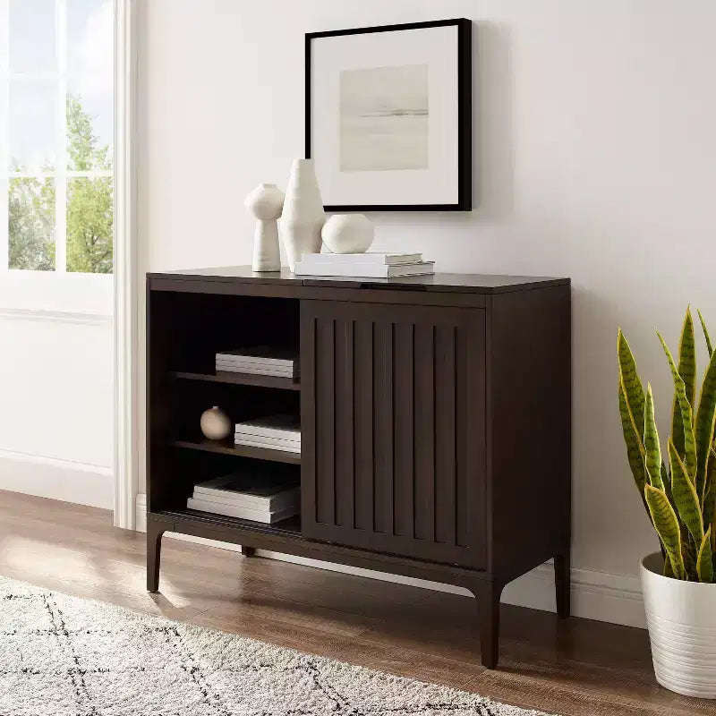MDF Particle Board Veneer Media Console with Sliding Doors 42.13"W x 18"D x 34.63"H