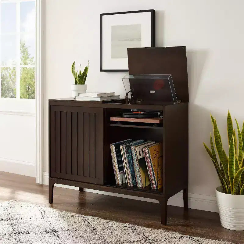 MDF Particle Board Veneer Media Console with Sliding Doors 42.13"W x 18"D x 34.63"H