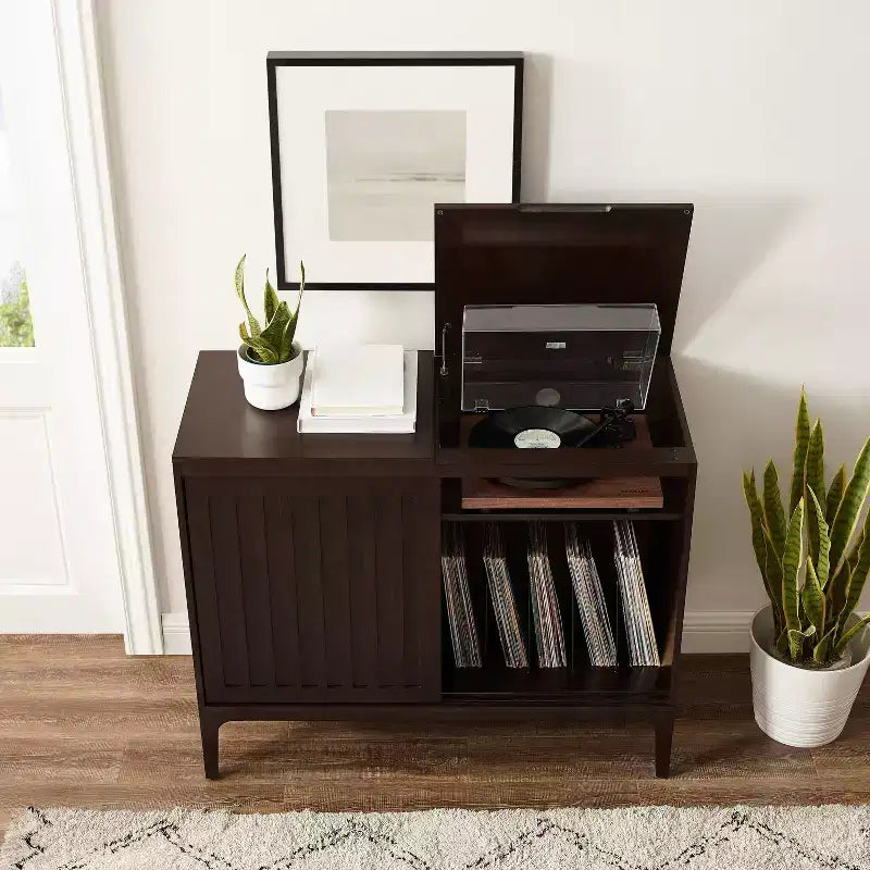 MDF Particle Board Veneer Media Console with Sliding Doors 42.13"W x 18"D x 34.63"H