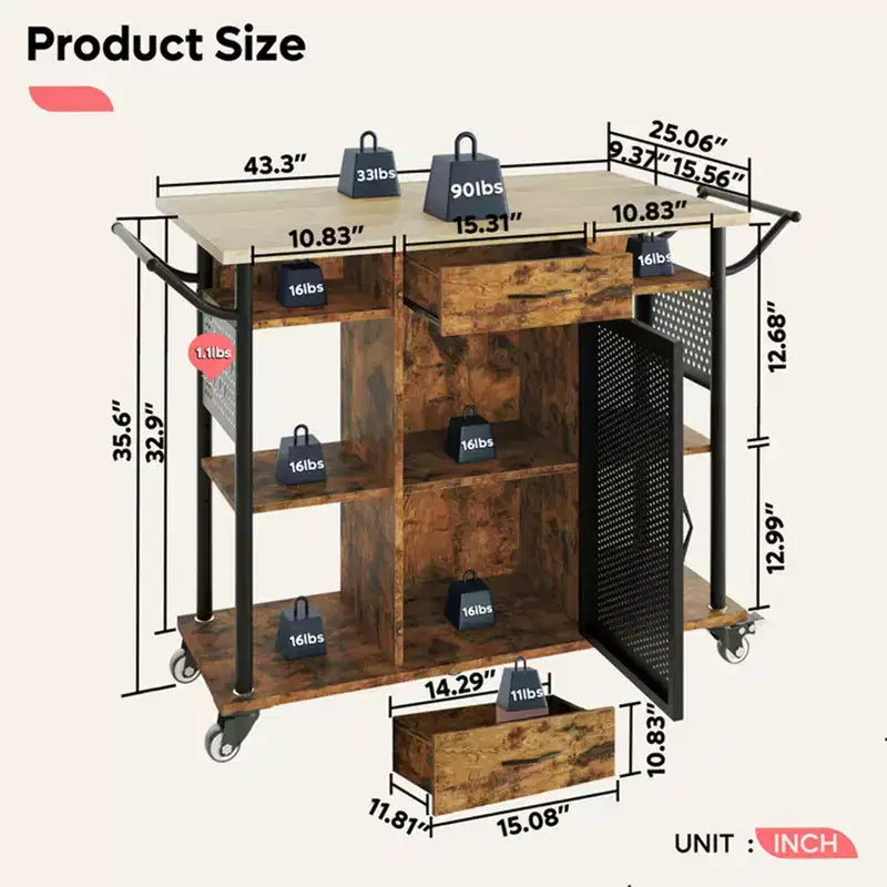 Metal Wood Surface Rolling Kitchen Utility Cart 25.2"W x 53.54"D x 35.63"H