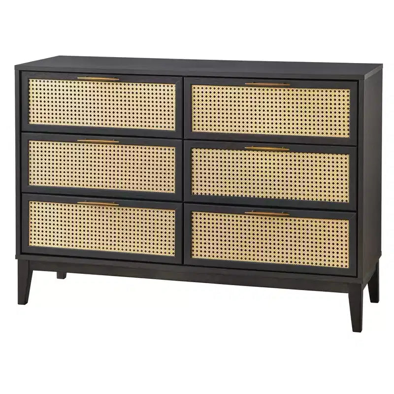 Particle Board 6-Drawer Dresser with Cane Fronts 44.9"W x 15.75"D x 31"H