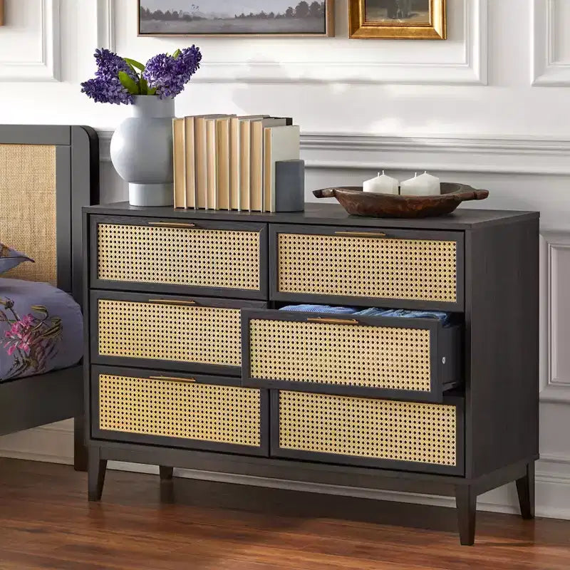 Particle Board 6-Drawer Dresser with Cane Fronts 44.9"W x 15.75"D x 31"H