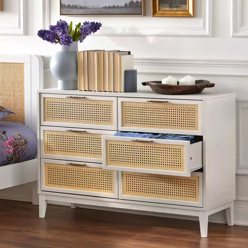Particle Board 6-Drawer Dresser with Cane Fronts 44.9"W x 15.75"D x 31"H