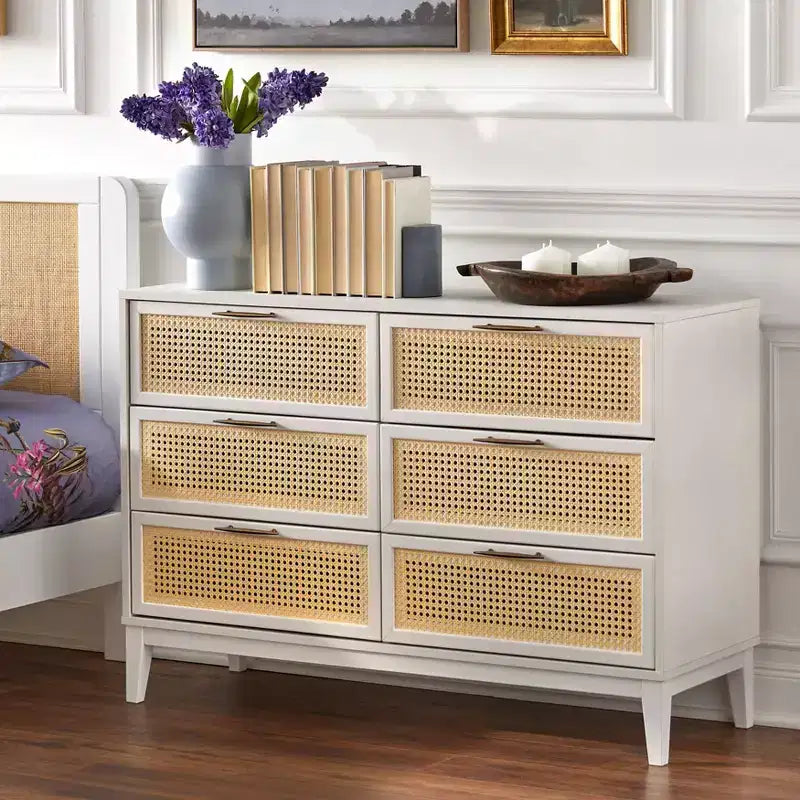 Particle Board 6-Drawer Dresser with Cane Fronts 44.9"W x 15.75"D x 31"H
