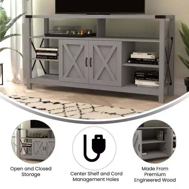 Engineered Wood Laminate Media Console Cabinet 60"W with Open and Closed Storage