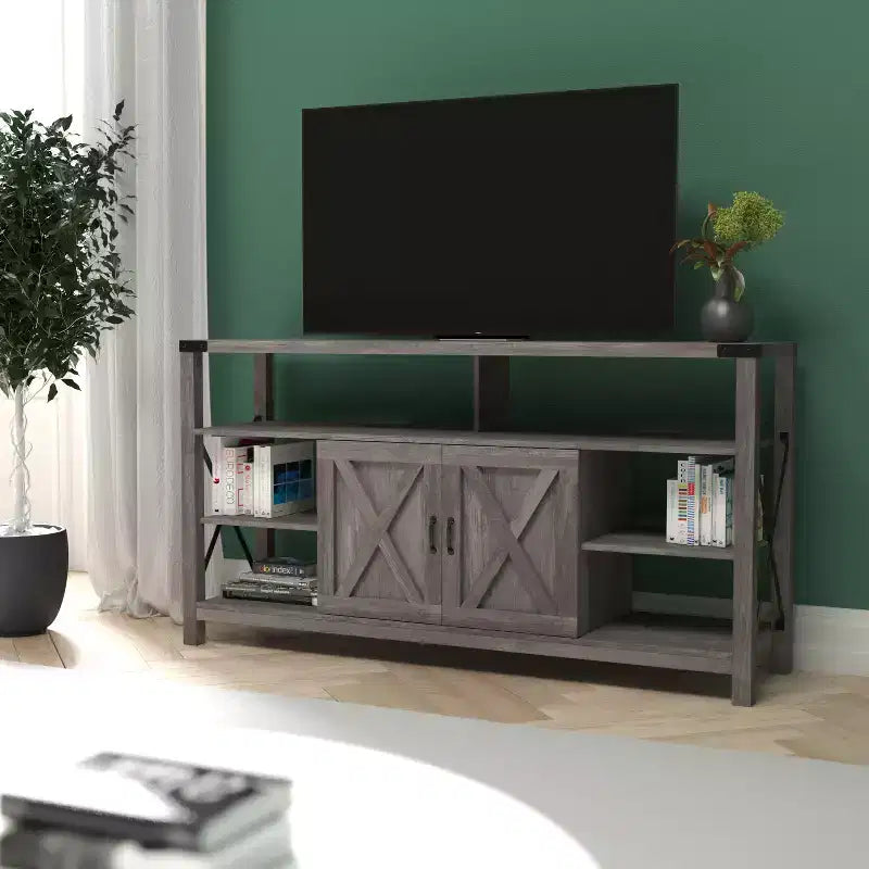 Engineered Wood Laminate Media Console Cabinet 60"W with Open and Closed Storage