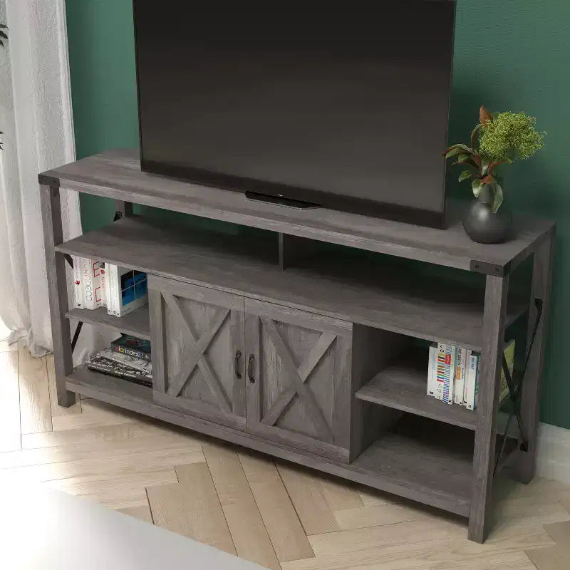 Engineered Wood Laminate Media Console Cabinet 60"W with Open and Closed Storage