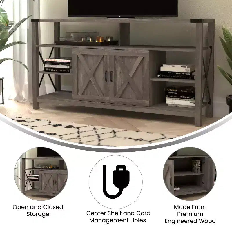 Engineered Wood Laminate Media Console Cabinet 60"W with Open and Closed Storage
